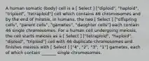 A human somatic (body) cell is a [ Select ] ["diploid", "haploid", "triploid", "tetraploid"] cell which contains 46 chromosomes and by the end of mitosis, in humans, the two [ Select ] ["offspring cells", "parent cells", "gametes", "daughter cells"] each contain 46 single chromosomes. For a human cell undergoing meiosis, the cell starts meiosis as a [ Select ] ["tetraploid", "haploid", "diploid", "triploid"] cell with 46 duplicate chromosomes and finishes meiosis with [ Select ] ["4", "2", "3", "1"] gametes, each of which contain _______ single chromosomes.