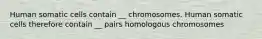 Human somatic cells contain __ chromosomes. Human somatic cells therefore contain __ pairs homologous chromosomes