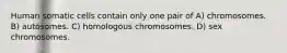 Human somatic cells contain only one pair of A) chromosomes. B) autosomes. C) homologous chromosomes. D) sex chromosomes.