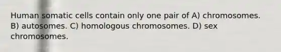 Human somatic cells contain only one pair of A) chromosomes. B) autosomes. C) homologous chromosomes. D) sex chromosomes.