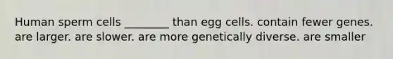 Human sperm cells ________ than egg cells. contain fewer genes. are larger. are slower. are more genetically diverse. are smaller