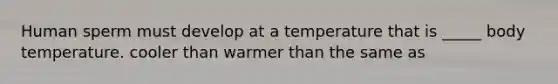 Human sperm must develop at a temperature that is _____ body temperature. cooler than warmer than the same as