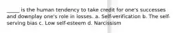 _____ is the human tendency to take credit for one's successes and downplay one's role in losses. a. Self-verification b. The self-serving bias c. Low self-esteem d. Narcissism