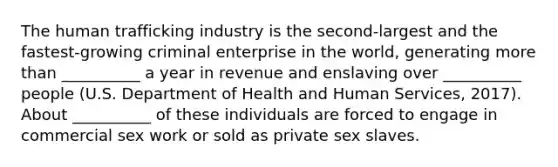 The human trafficking industry is the second-largest and the fastest-growing criminal enterprise in the world, generating more than __________ a year in revenue and enslaving over __________ people (U.S. Department of Health and Human Services, 2017). About __________ of these individuals are forced to engage in commercial sex work or sold as private sex slaves.