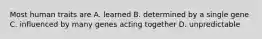 Most human traits are A. learned B. determined by a single gene C. influenced by many genes acting together D. unpredictable