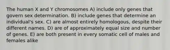 The human X and Y chromosomes A) include only genes that govern sex determination. B) include genes that determine an individual's sex. C) are almost entirely homologous, despite their different names. D) are of approximately equal size and number of genes. E) are both present in every somatic cell of males and females alike