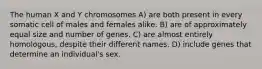 The human X and Y chromosomes A) are both present in every somatic cell of males and females alike. B) are of approximately equal size and number of genes. C) are almost entirely homologous, despite their different names. D) include genes that determine an individual's sex.