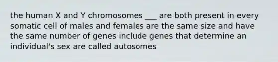 the human X and Y chromosomes ___ are both present in every somatic cell of males and females are the same size and have the same number of genes include genes that determine an individual's sex are called autosomes