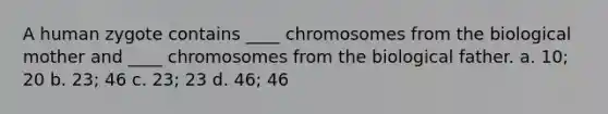 A human zygote contains ____ chromosomes from the biological mother and ____ chromosomes from the biological father. a. 10; 20 b. 23; 46 c. 23; 23 d. 46; 46