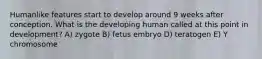 Humanlike features start to develop around 9 weeks after conception. What is the developing human called at this point in development? A) zygote B) fetus embryo D) teratogen E) Y chromosome