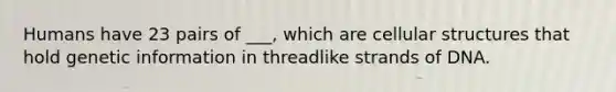 Humans have 23 pairs of ___, which are cellular structures that hold genetic information in threadlike strands of DNA.