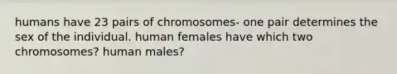 humans have 23 pairs of chromosomes- one pair determines the sex of the individual. human females have which two chromosomes? human males?