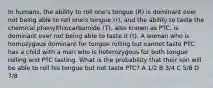 In humans, the ability to roll one's tongue (R) is dominant over not being able to roll one's tongue (r), and the ability to taste the chemical phenylthiocarbamide (T), also known as PTC, is dominant over not being able to taste it (t). A woman who is homozygous dominant for tongue rolling but cannot taste PTC has a child with a man who is heterozygous for both tongue rolling and PTC tasting. What is the probability that their son will be able to roll his tongue but not taste PTC? A 1/2 B 3/4 C 5/8 D 7/8