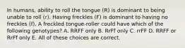 In humans, ability to roll the tongue ( R ) is dominant to being unable to roll ( r ). Having freckles ( F ) is dominant to having no freckles ( f ). A freckled tongue-roller could have which of the following genotypes? A. RRFF only B. RrFf only C. rrFF D. RRFF or RrFf only E. All of these choices are correct.