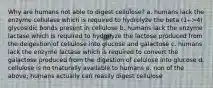 Why are humans not able to digest cellulose? a. humans lack the enzyme cellulase which is required to hydrolyze the beta (1-->4) glycosidic bonds present in cellulose b. humans lack the enzyme lactase which is required to hydrolyze the lactose produced from the deigestion of cellulose into glucose and galactose c. humans lack the enzyme lactase which is required to convert the galactose produced from the digestion of celulose into glucose d. cellulose is no tnaturally available to humans e. non of the above; humans actually can reasily digest cellulose