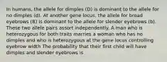 In humans, the allele for dimples (D) is dominant to the allele for no dimples (d). At another gene locus, the allele for broad eyebrows (B) is dominant to the allele for slender eyebrows (b). These two allele pairs assort independently. A man who is heterozygous for both traits marries a woman who has no dimples and who is heterozygous at the gene locus controlling eyebrow width The probability that their first child will have dimples and slender eyebrows is