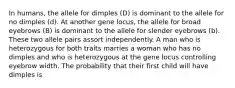 In humans, the allele for dimples (D) is dominant to the allele for no dimples (d). At another gene locus, the allele for broad eyebrows (B) is dominant to the allele for slender eyebrows (b). These two allele pairs assort independently. A man who is heterozygous for both traits marries a woman who has no dimples and who is heterozygous at the gene locus controlling eyebrow width. The probability that their first child will have dimples is