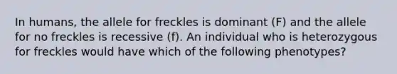 In humans, the allele for freckles is dominant (F) and the allele for no freckles is recessive (f). An individual who is heterozygous for freckles would have which of the following phenotypes?