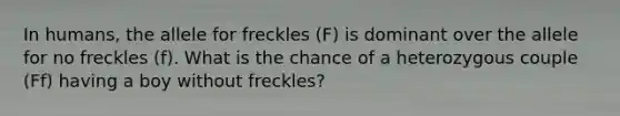 In humans, the allele for freckles (F) is dominant over the allele for no freckles (f). What is the chance of a heterozygous couple (Ff) having a boy without freckles?