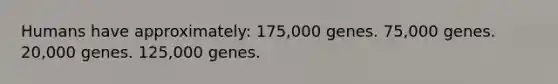 Humans have approximately: 175,000 genes. 75,000 genes. 20,000 genes. 125,000 genes.