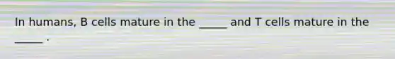 In humans, B cells mature in the _____ and T cells mature in the _____ .