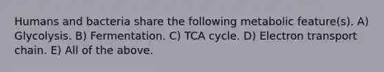 Humans and bacteria share the following metabolic feature(s). A) Glycolysis. B) Fermentation. C) TCA cycle. D) Electron transport chain. E) All of the above.