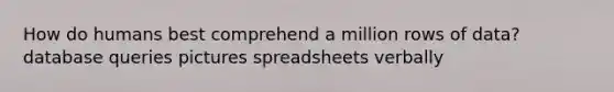 How do humans best comprehend a million rows of data? database queries pictures spreadsheets verbally