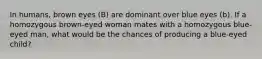 In humans, brown eyes (B) are dominant over blue eyes (b). If a homozygous brown-eyed woman mates with a homozygous blue-eyed man, what would be the chances of producing a blue-eyed child?