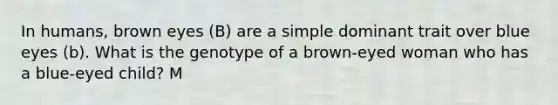 In humans, brown eyes (B) are a simple dominant trait over blue eyes (b). What is the genotype of a brown-eyed woman who has a blue-eyed child? M