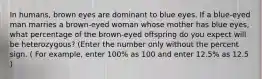 In humans, brown eyes are dominant to blue eyes. If a blue-eyed man marries a brown-eyed woman whose mother has blue eyes, what percentage of the brown-eyed offspring do you expect will be heterozygous? (Enter the number only without the percent sign. ( For example, enter 100% as 100 and enter 12.5% as 12.5 )