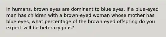 In humans, brown eyes are dominant to blue eyes. If a blue-eyed man has children with a brown-eyed woman whose mother has blue eyes, what percentage of the brown-eyed offspring do you expect will be heterozygous?