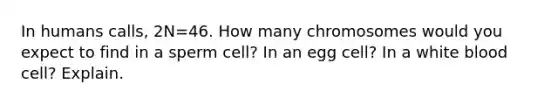 In humans calls, 2N=46. How many chromosomes would you expect to find in a sperm cell? In an egg cell? In a white blood cell? Explain.