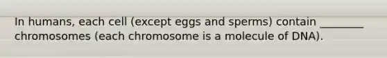 In humans, each cell (except eggs and sperms) contain ________ chromosomes (each chromosome is a molecule of DNA).