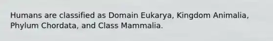 Humans are classified as Domain Eukarya, Kingdom Animalia, Phylum Chordata, and Class Mammalia.