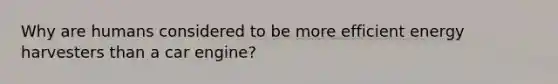 Why are humans considered to be more efficient energy harvesters than a car engine?