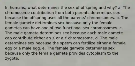 In humans, what determines the sex of offspring and why? a. The chromosome contribution from both parents determines sex because the offspring uses all the parents' chromosomes. b. The female gamete determines sex because only the female gametes can have one of two functional sex chromosomes. c. The male gamete determines sex because each male gamete can contribute either an X or a Y chromosome. d. The male determines sex because the sperm can fertilize either a female egg or a male egg. e. The female gamete determines sex because only the female gamete provides cytoplasm to the zygote.