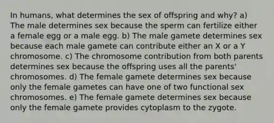 In humans, what determines the sex of offspring and why? a) The male determines sex because the sperm can fertilize either a female egg or a male egg. b) The male gamete determines sex because each male gamete can contribute either an X or a Y chromosome. c) The chromosome contribution from both parents determines sex because the offspring uses all the parents' chromosomes. d) The female gamete determines sex because only the female gametes can have one of two functional sex chromosomes. e) The female gamete determines sex because only the female gamete provides cytoplasm to the zygote.