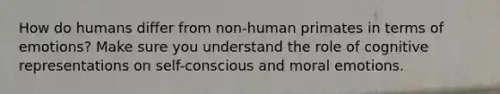 How do humans differ from non-human primates in terms of emotions? Make sure you understand the role of cognitive representations on self-conscious and moral emotions.