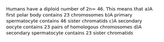 Humans have a diploid number of 2n= 46. This means that a)A first polar body contains 23 chromosomes b)A primary spermatocyte contains 46 sister chromatids c)A secondary oocyte contains 23 pairs of homologous chromosomes d)A secondary spermatocyte contains 23 sister chromatids