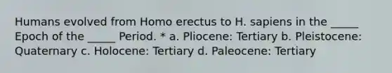 Humans evolved from <a href='https://www.questionai.com/knowledge/kI1ONx7LAC-homo-erectus' class='anchor-knowledge'>homo erectus</a> to H. sapiens in the _____ Epoch of the _____ Period. * a. Pliocene: Tertiary b. Pleistocene: Quaternary c. Holocene: Tertiary d. Paleocene: Tertiary