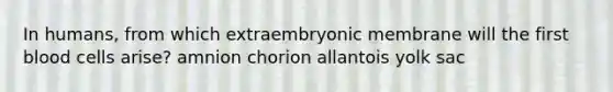 In humans, from which extraembryonic membrane will the first blood cells arise? amnion chorion allantois yolk sac