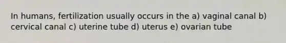 In humans, fertilization usually occurs in the a) vaginal canal b) cervical canal c) uterine tube d) uterus e) ovarian tube