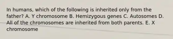 In humans, which of the following is inherited only from the father? A. Y chromosome B. Hemizygous genes C. Autosomes D. All of the chromosomes are inherited from both parents. E. X chromosome