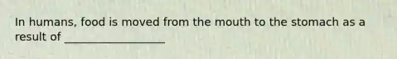 In humans, food is moved from <a href='https://www.questionai.com/knowledge/krBoWYDU6j-the-mouth' class='anchor-knowledge'>the mouth</a> to <a href='https://www.questionai.com/knowledge/kLccSGjkt8-the-stomach' class='anchor-knowledge'>the stomach</a> as a result of __________________