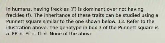 In humans, having freckles (F) is dominant over not having freckles (f). The inheritance of these traits can be studied using a Punnett square similar to the one shown below. 13. Refer to the illustration above. The genotype in box 3 of the Punnett square is a. FF. b. Ff. c. ff. d. None of the above