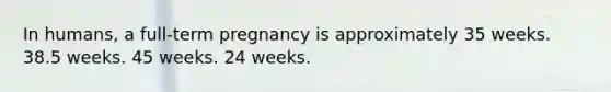 In humans, a full-term pregnancy is approximately 35 weeks. 38.5 weeks. 45 weeks. 24 weeks.