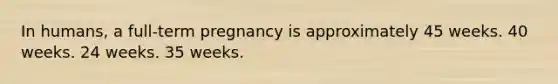 In humans, a full-term pregnancy is approximately 45 weeks. 40 weeks. 24 weeks. 35 weeks.