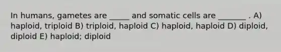 In humans, gametes are _____ and somatic cells are _______ . A) haploid, triploid B) triploid, haploid C) haploid, haploid D) diploid, diploid E) haploid; diploid