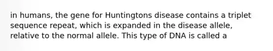 in humans, the gene for Huntingtons disease contains a triplet sequence repeat, which is expanded in the disease allele, relative to the normal allele. This type of DNA is called a