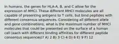 In humans, the genes for HLA-A, B, and C allow for the expression of MHCI. These different MHCI molecules are all capable of presenting antigens to T cells, but bind peptides with different consensus sequences. Considering all different allele and gene combinations, what is the maximum number of MHCI molecules that could be presented on the surface of a human cell (each with different binding affinities for different peptide consensus sequences)? A) 2 B) 3 C) 4 D) 6 E) 9 F) 12